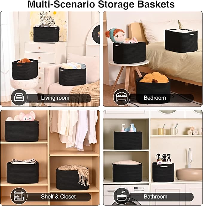 Black Storage Baskets for Organizing Shelves, Toy Basket for Nursery, Woven Cotton Rope Basket for Decor, Towel Baskets for Bathroom, 15"x11"x9.5", 3 Packs, Black