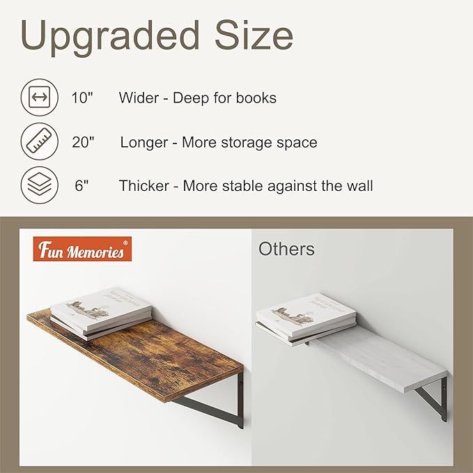 Fun Memories 20 Inch Floating Shelves, Deep Wall Shelves for Kitchen, 20 x 10 Floating Shelf for Living Room, Bedroom, Farmhouse Floating Shelves for Home Decor Storage, Rustic Brown, Set of 2