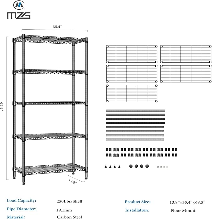 1250 lbs 5 Tier Shelf Metal Storage Shelves Shelving Wire Rack Heavy Duty Closet Organizers for Garage Kitchen Bathroom Laundry Black 13.8" D x 35.4" W x 68.5" H