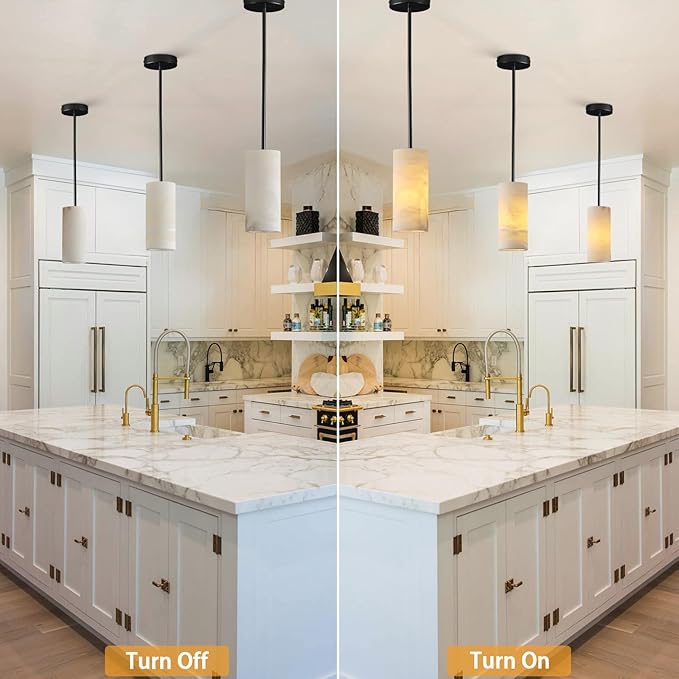 Alabaster Pendant Light Kitchen Island, H-9.5in Black Pendant Light Fixtures with Natural Marble Shade, Adjustable Ceiling Pendant for Dining Room, Living Room, Bedroom & Bathroom