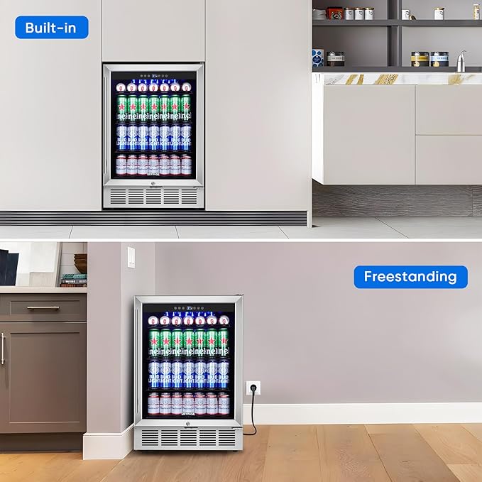 24" Beverage Refrigerator & Cooler, 180 Cans Under Counter Fridge with Lock, Glass Door & Powerful Cooling Compressor - Quiet, Built-in/Freestanding Drink Fridge