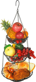 3 Tier Hanging Basket with Sturdy Metal Chain Hanging Hooks Fruit and Vegetable Basket Heavy Duty Wire Organizer Space Saving Rustic Country Style Kitchen Storage