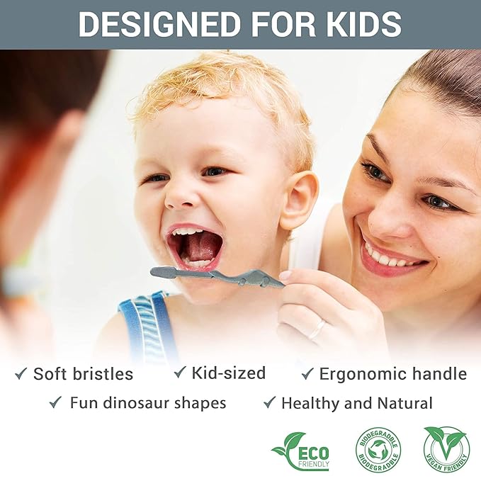 ROARex Vegan Kids Toothbrush | Dino Design | Biodegradable & Compostable Natural Plant-Based Toothbrush | Dinosaur Theme | 1% for The Planet