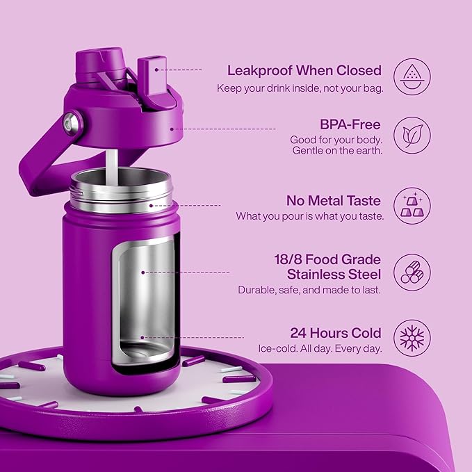 Kids Insualated Water Bottle with Straw - 12oz Stainless Steel Water Bottle with Dual Spouts, Leak-Proof, BPA-Free, Double Wall Vacuum Keeps Cold for 24 Hours for Sports, Travel (Bright Magenta)