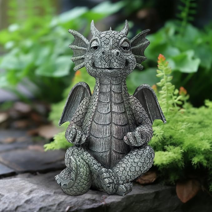 Garden Dragon Statue Decor - Meditation Dragon Sculpture Figurine Outdoor Decoration, Zen Yoga Garden Art Sculpture for Patio Lawn Yard Balcony Indoor Decor(Hands Flat)
