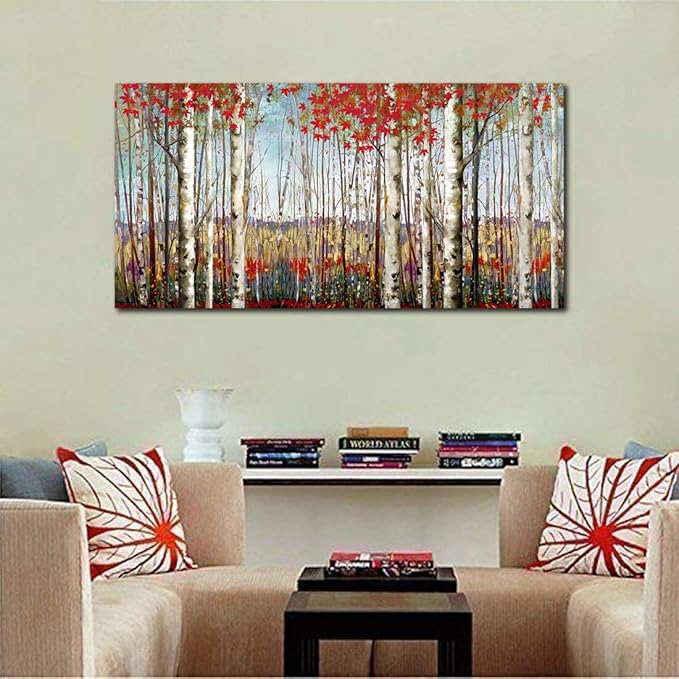 Canvas Wall Art for Living Room Bedroom Modern Wall Decor of Red Leaves White Birch Tree Forest Giclee Print Painting Artwork Wall Decoration 24x48 Large Size with Wood Framed Easy to Hang for Home