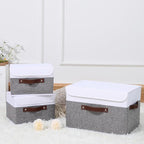 ANMINY 2PCS Storage Boxes with Lid Washable Decorative Storage Bins Basket with PU Leather Handle Foldable Linen Fabric Storage Cubes Containers for Home Closet Organizer - Gray White, Small Size