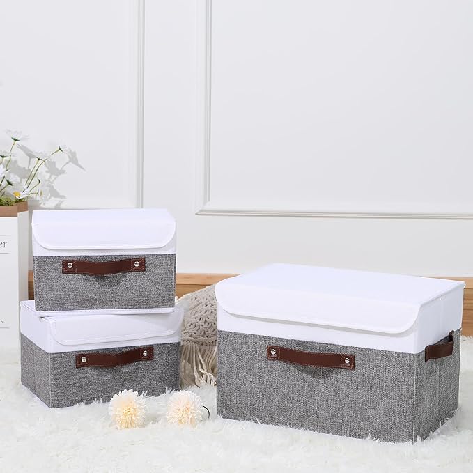 ANMINY 4PCS Storage Boxes with Lid Washable Decorative Storage Bins Basket with PU Leather Handle Foldable Linen Fabric Storage Cubes Containers for Home Closet Organizer - Gray White, Large Size