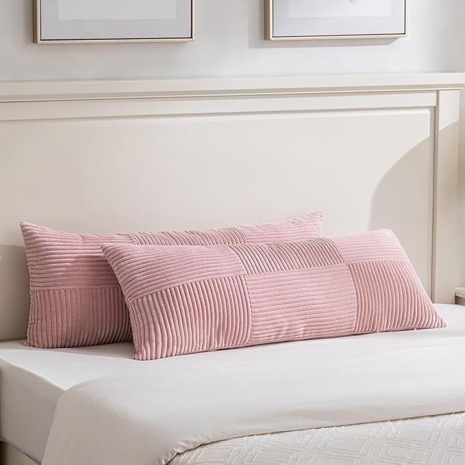 Fancy Homi Set of 2 Blush Pink Boho Long Lumbar Body Decorative Throw Pillow Cover 14x36 Inch for Bed Couch Bedroom Bench, Soft Patchwork Corduroy Textured Pillow Case, Rustic Farmhouse Room Décor