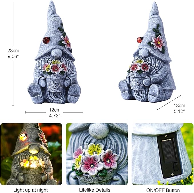 Goodeco Sitting Gnome Holding Flower Statue - Solar Garden Gnomes Decor for Outside with LED Lights, for Women or Moms, Housewarming Gnome Decorations