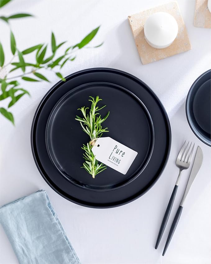 Ceramic Dinnerware Set - Scratch Resistant, Dishwasher & Microwave Safe Stoneware - 12 Piece Plates and Bowls for 4 - Matte Black