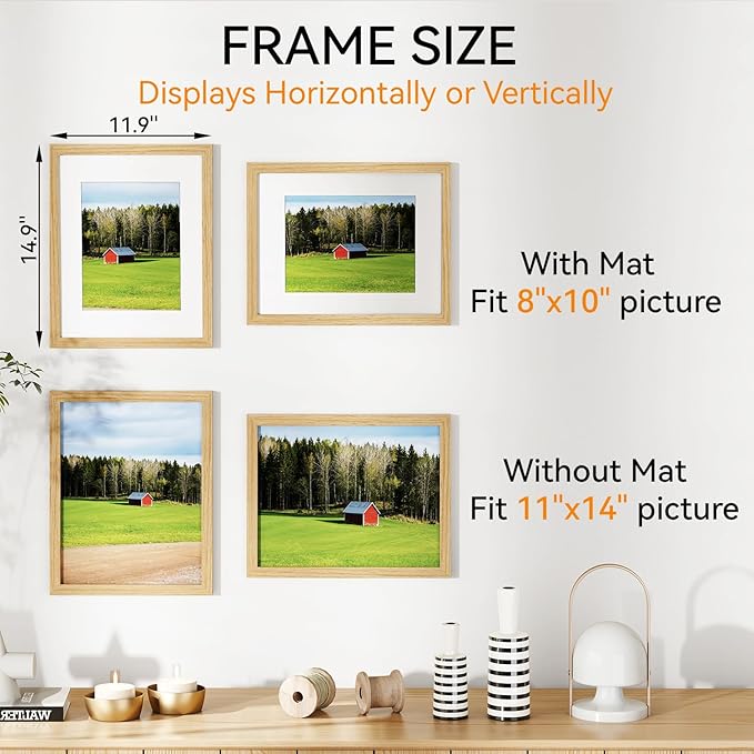 IBUYKE 11 x14 Picture Frame,Solid Oak Wood 11x14 Photo Frame with Mat to 8x10,11x14 Picture Frames With Tempered Glass,Wall Mount Display,Home Decor,Natural Oak 14 x 11 Frame,UWPF1114N