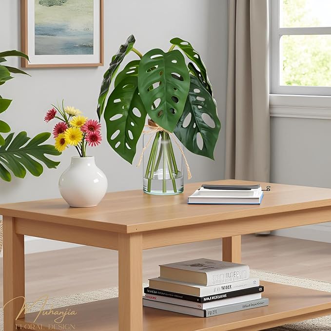 Artificial Flowers Turtle-Back, Alocasia Leaf, in Glass Vase with Faux Water,7Pcs Artificial Leaves Real Touch Latex Leaves for Centerpiece (2, Turtle-Back Leaf)