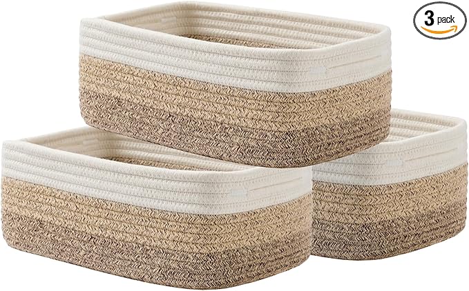 KALLAX Small Woven Basket, 12 x 8 x 4.5 Inches, Storage Basket for Organizing, Cute Small Rope Shelf Closet Cube Storage Bins Baskets for Shelves, Dog Toy Gift Baskets Empty, 3 Pack Gradient Brown