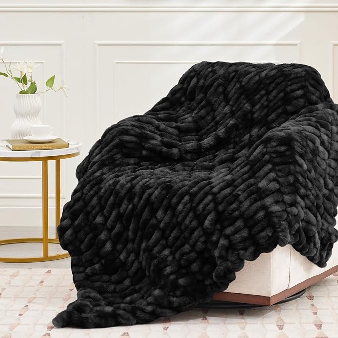 Ultra Soft Luxury Faux Fur Throw Blanket for Counch,Fuzzy Fluffy Plush Warm Cozy Elegant Wrinkled Blanket for Sofa Bedroom Living Room,（50"x60",Tie-dye Black）