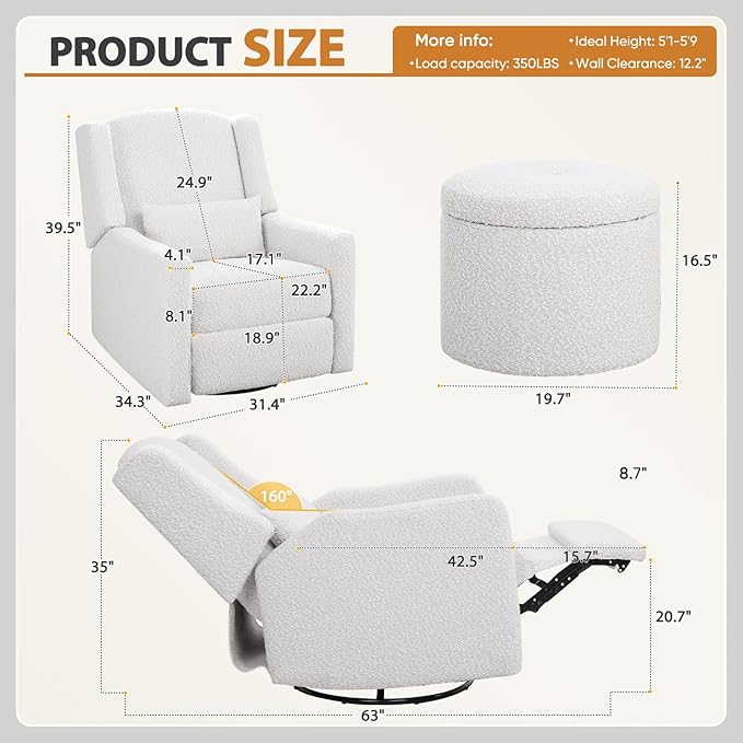 Power Recliner Chair Swivel Glider, Large Rocker Recliner with Ottoman & USB Charging Port, Boucle Upholstered Swivel Rocker Glider Recliner for Nursery,Bedroom,Living Room, Cream