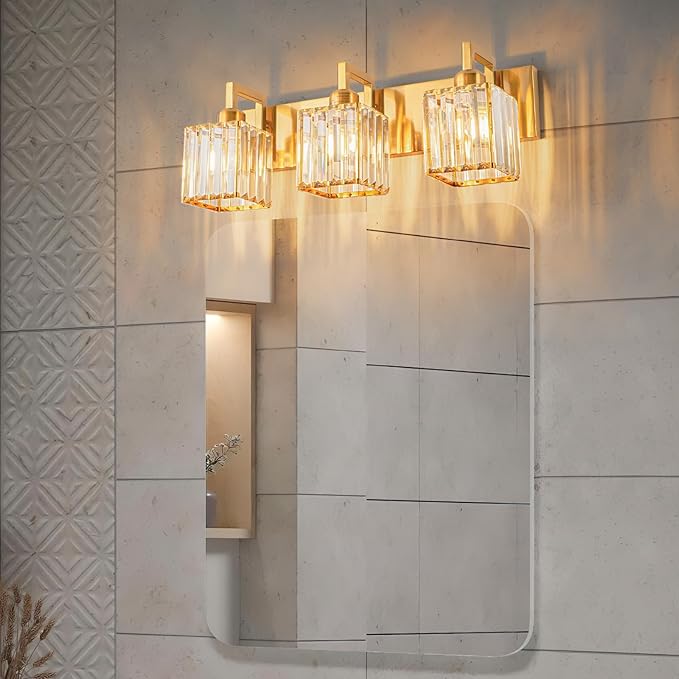 Modern Bathroom Vanity Light 3-Lights Gold Crystal Wall Lamp Bathroom Modern Crystal Vanity Lighting