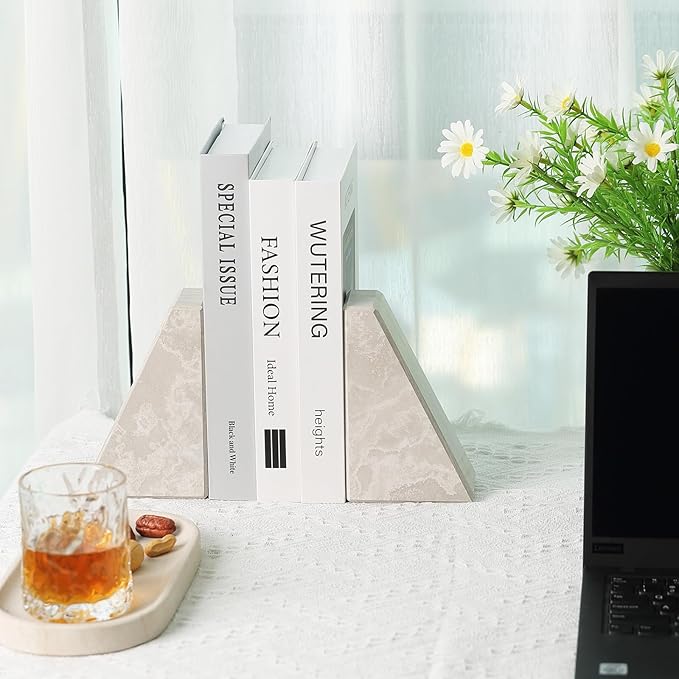 Marble Bookends for Heavy Books, Decorative Book Ends for Shelves, Durable and Heavy-Duty Bookends for Hardback Book & CDS, Off-White Unique Books Stopper & Holder, Set of 2