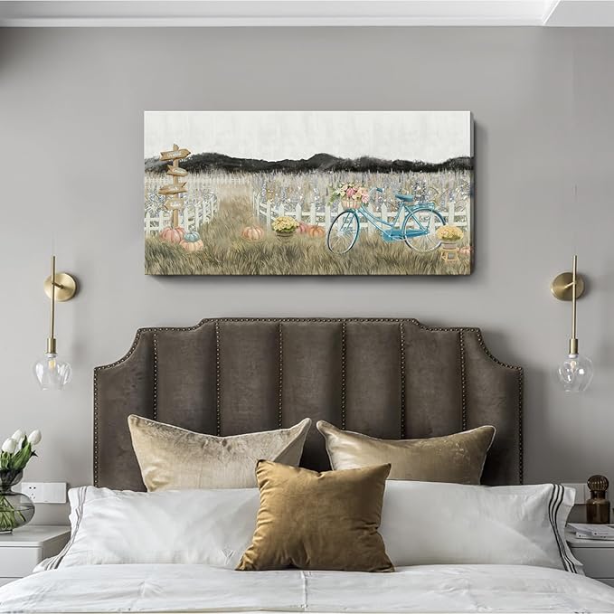 Large Wall Art for Living Room Farmhouse Wall Decor, Modern Boho Vintage Organnic Country Rustic Cottagecore Neutral Landscape Artwork with Mountains Bicycle Flower, Floral Picture Bedroom Kitchen