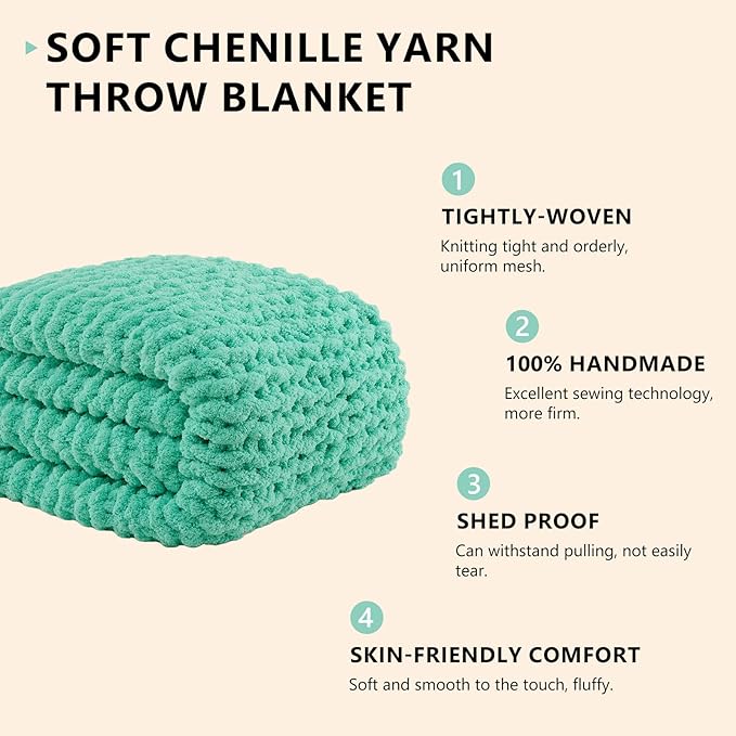 L'AGRATY Chunky Knit Blanket Throw: 60''x80'' Chenille Chunky Knitted Throw Blanket for Bed Couch - Handmade Thick Big Cable Knit Blanket - Large Crochet Rope Blanket for Home Decor(Aqua)