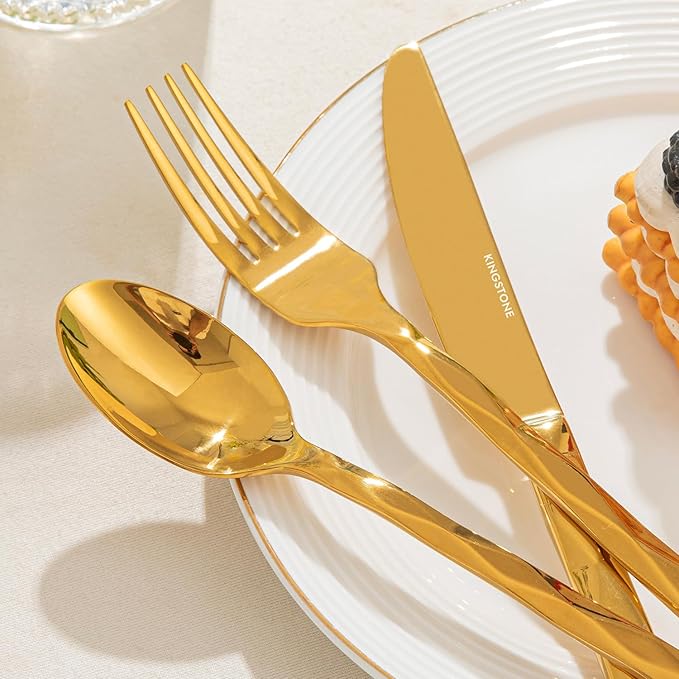 KINGSTONE Gold Silverware Set, Luxury 20 Piece Flatware Set for 4, 18/10 Stainless Steel Cutlery Set with Diamond Cut Pattern for Kitchen, Home, Wedding, Party, Mirror Polished and Dishwasher Safe