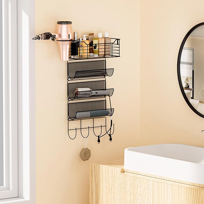 VITVITI Metal Hair Tool Organizer Wall Mount, Hair Dryer Holder with 4 Tier Shelf Basket Hooks, Bathroom Hair Styling Tool Organizer for Curling Iron/Blow Dryer/Straightener, Matte Black