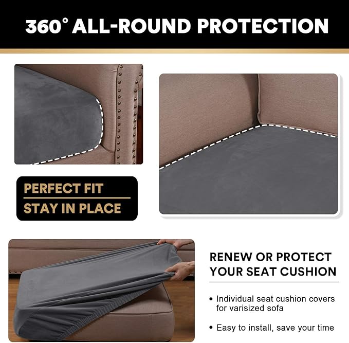 PrinceDeco Velvet Stretch Couch Cushion Cover Extra Large Cushion Slipcover for Chair Loveseat Sofa Cushion Furniture Protector Seat Cushion Sofa Cover (3 Piece XL Sofa Cushion Covers, Grey)