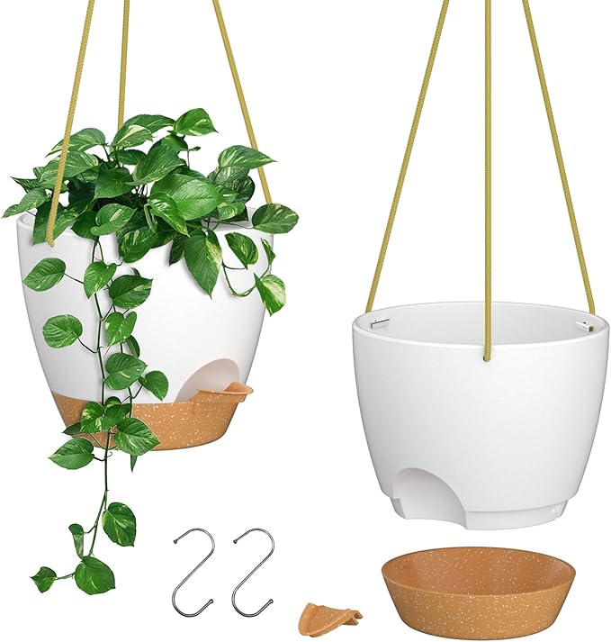 ZMTECH 10 Inch Hanging Planters for Indoor Outdoor Plants, 2 Pack Self Watering Hanging Plant Pots with Drainage Holes and Removable Saucer, Plastic Flower Hanging Pots with Watering Lip (White)