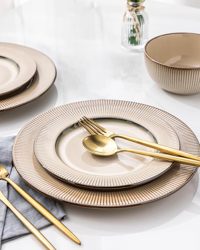 GBHOME Ceramic Dinnerware Sets, 18 Piece Embossed Elegant Stoneware Plates and Bowls Sets, Housewarming Wedding Gift | Dishwasher & Microwave Safe | Dishes Set Service for 8