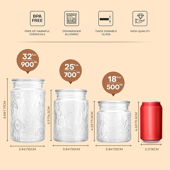 32oz Vintage Glass Jar With Lid, Glass Storage Containers, Airtight Kitchen Storage Containers For Sugar, Coffee, Tea, Spice, Flour, Candy Cookie, Pasta, Cereal, Cute Decorative Jars