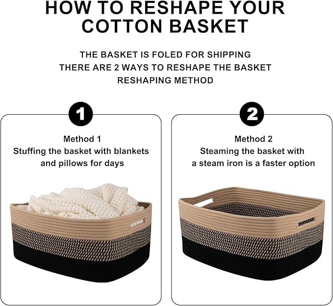 Large Storage Basket for Organizing, Woven Rope Basket for Shelves, Closet Organizer Bins for Clothes, Blanket, Toys, Baby Nursery Storage, 17.7" x 13" x 7.87", 2 Packs Black & Brown