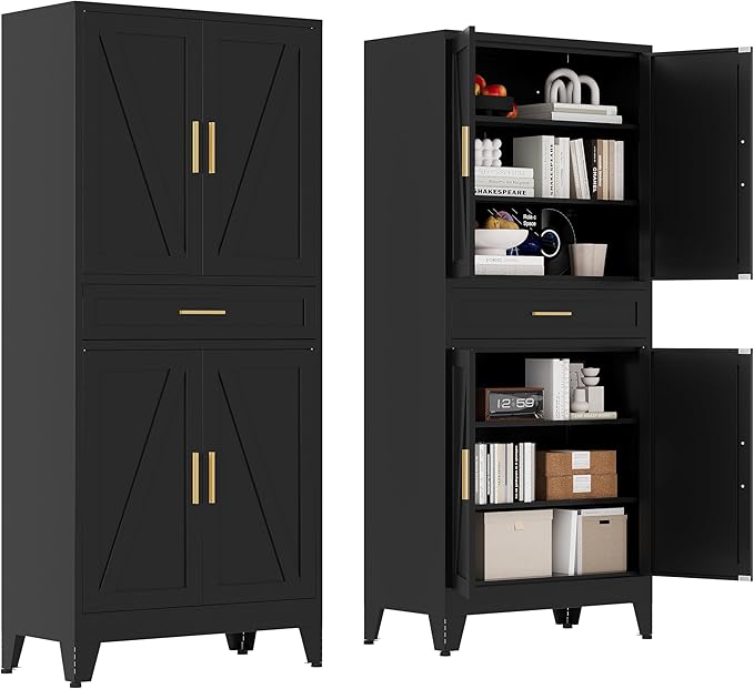 71 "Farmhouse Metal Filing Cabinet with a Drawer and 4 Adjustable Shelves, with 4 Large barn Door White Kitchen Cabinets, Metal Food Cabinets for Home, Kitchen, Dining/Living Room (Black)