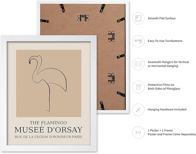 Poster Master Vintage Poster - Retro Minimalist Print - Gift for Artist, Housewarming - Flamingo, Line Drawing, Sketch, Abstract - Wall Decor for Living Room, Bedroom, 11x14 White Framed