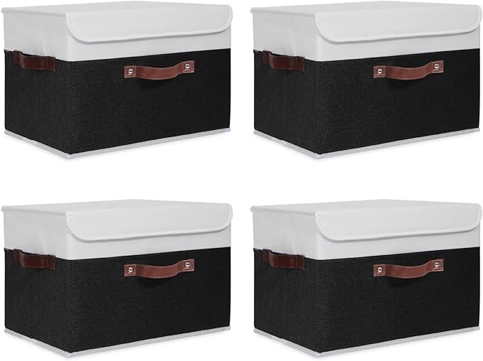 ANMINY 4PCS Storage Boxes with Lid Washable Decorative Storage Bins Basket with PU Leather Handle Foldable Linen Fabric Storage Cubes Containers for Home Closet Organizer - Black White, Large Size