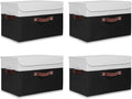 ANMINY 4PCS Storage Boxes with Lid Washable Decorative Storage Bins Basket with PU Leather Handle Foldable Linen Fabric Storage Cubes Containers for Home Closet Organizer - Black White, Large Size