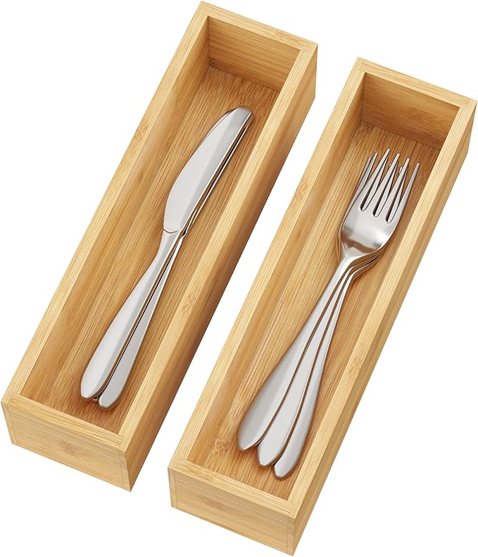 BAMEOS Kitchen Drawer Organizer,Small Silverware Drawer Organizer,Bamboo Utensil Organizer for Bathroom, Dressing Room, Office, Pantry (Natural, 11"x 3") Set of 2