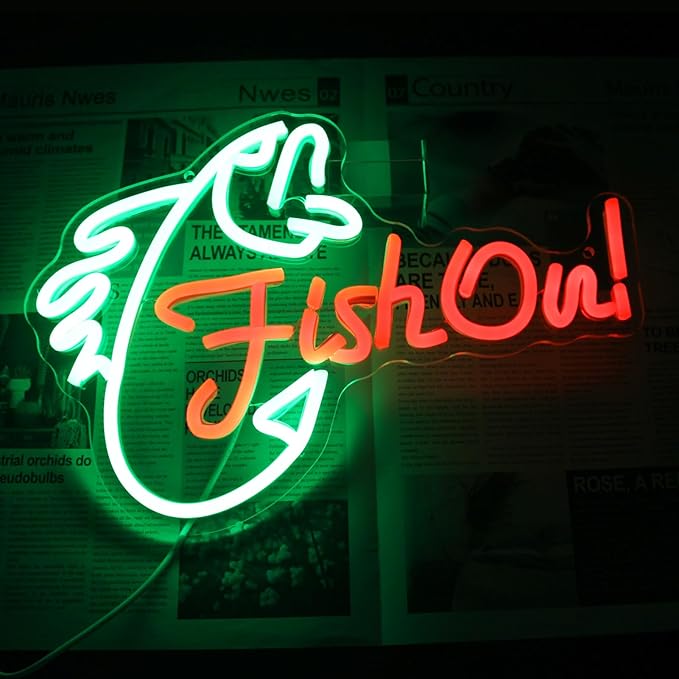 Fish On Neon Sign Go Fishing LED Signs for Wall Green Red Neon Light Dimmable Neon Lights Signs Fish Neon Light Up Sign for Bedroom Living Room Man Cave Yacht Decor Men Gifts