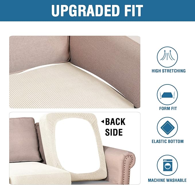 H.VERSAILTEX Super Stretch Individual Seat Cushion Cover Sofa Covers Couch Cushion Covers Slipcover Sets Thick Jacquard Textured Twill Fabric (3 Piece Sofa Cushion Covers, Natural)