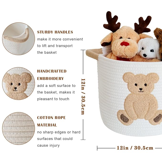 INough Cotton Rope Basket Toy Storage Baskets for kids Laundry Hamper, Gift Basket Empty Baby Shower Baskets with Handles, Cute Bins Blanket Stuffed Animal Storage for Nursery, Living Room Decor, Bear