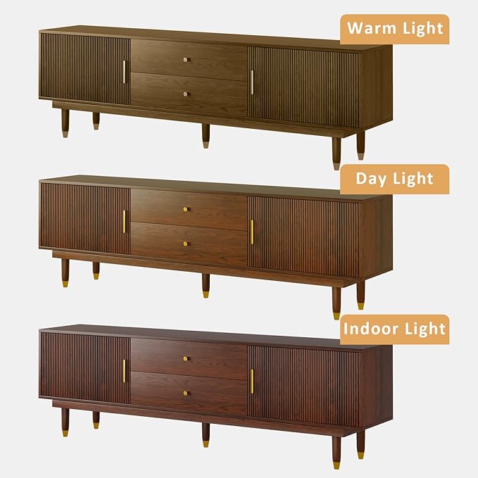 Mid Century Modern TV Stand for 75 inch TV, 70.9" Walnut TV Console with 2 Storage Cabinet & 2 Drawers, Entertainment Center, Media Console for Living Room/Bedroom