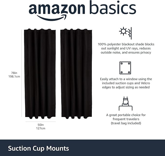 Amazon Basics Portable Blackout Curtain Shade with Suction Cups, 50"W x 78"L, 2-Pack, Black