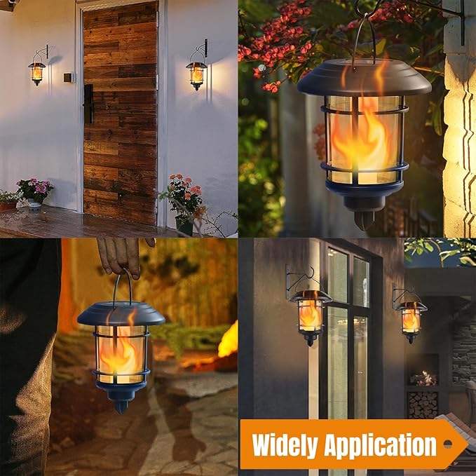 Dynaming 4 Pack Solar Flame Wall Lanterns Outdoor, Solar Powered Wall Mounted Sconce Lights, Flickering Flame LED Light Auto On/Off Hanging Lights, Waterproof for Garage Stair Patio Porch Yard