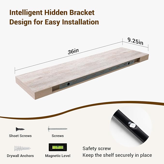 36 Inch Floating Shelves, 3D Textured Wood Grain, 36"x9.25"x1.5" Inch Deep Floating Shelves for Wall, Wooden Shelves for Bathroom, Bedroom, Living Room, Washed White