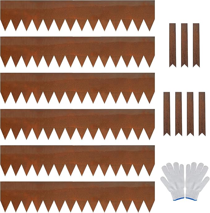 Worth Garden 6 Pack Cor-Ten Steel Landscape Edging w/Rust Patina Finish - 40" L x 8" H Strips - Hammer-in 14-Gauge Metal Corten Edging Border w/ 7 Clips & Gloves - Edge for Lawn Yard (20Ft Total)