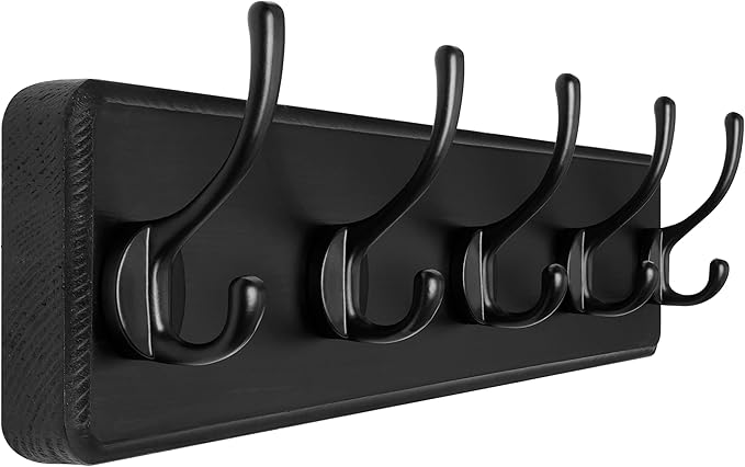 SKOLOO Rustic Wall Mounted Coat Rack, Pine Solid Wood Coat Hook Hanger - 5 Hooks for Hanging Clothes Robes Towels Coats
