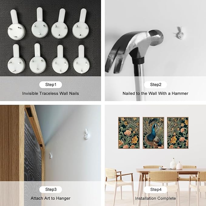 HLNIUC Peacock Framed Canvas Wall Art,Large Peacock Flower Wall Decor Set of 3(16”x24”)Modern Elegance Peacocks Floral Framed Painting,Vintage Beautiful Animal Feather Art Print for Living Room,Office