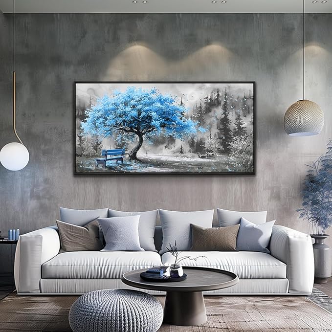 ZUITINGHUA Large Black Framed Wall Decor For Living Room Canvas Wall Art For Office Modern Wall Decorations For Bedroom Blue Tree Landscape Paintings Black And White Pictures Home Decor 24x48 In
