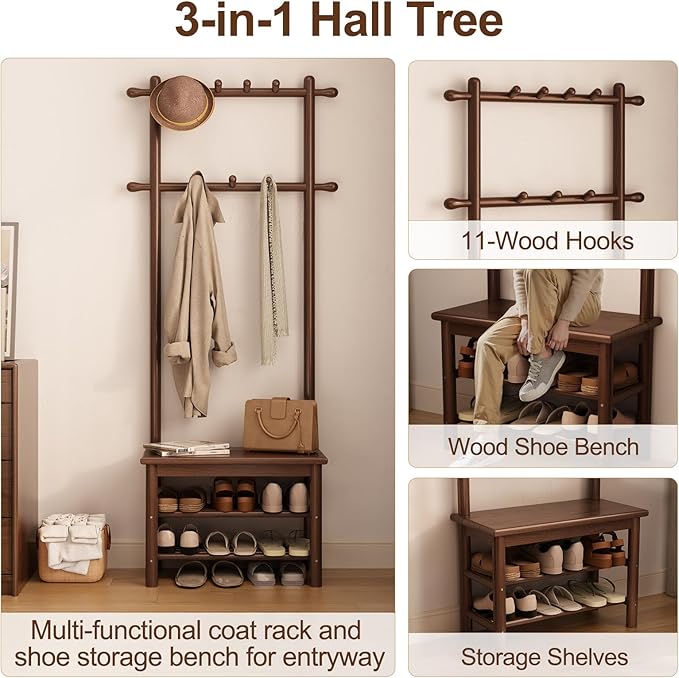 Hall Tree, Coat Rack with Shoe Storage, Wooden Hall Tree with Bench, 11 Hooks and 2-Tier Storage Shelves, Entryway Bench with Coat Rack (23.6" - Deep Walnut)