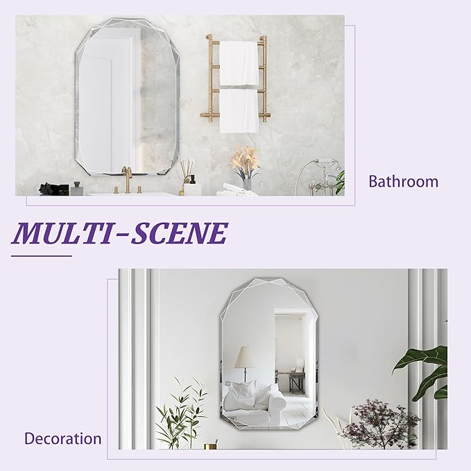 Bathroom Mirror for Wall, 24" x 36" Arched Mirror, Bathroom Vanity Mirror, Beveled Edge Frameless Wall Mount Vanity Mirrors, Wall Mirrors Decorative, Irregular Beveled Edge Mirror