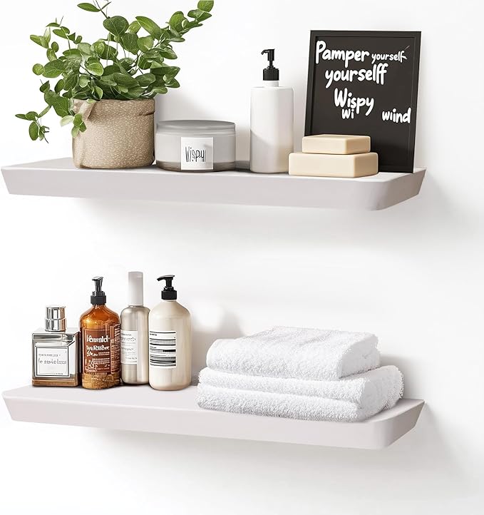 24"x6.8"x1.6" Slanted Floating Wall Shelves 2-Pack - Rustic White Finish, Heavy-Duty Solid Wood Design with Hidden Brackets - Perfect for Living Room, Kitchen, Bathroom, or Office